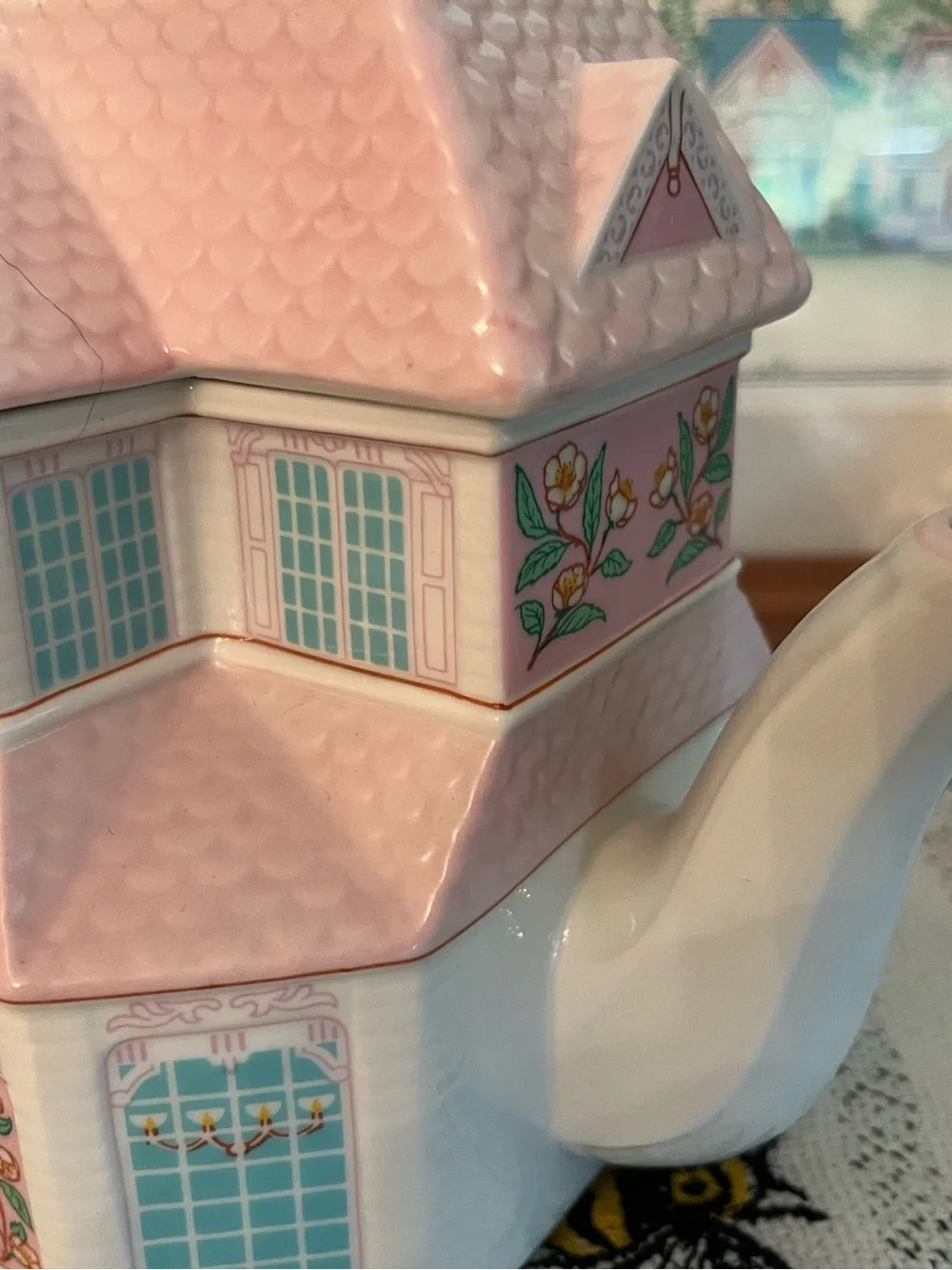 LENOX Village Tea Room Pink Ceramic House Teapot, Vintage 1990s